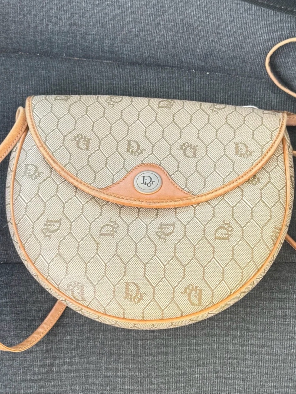 Dior Vintage Honeycomb Beige Crossbody with Tan Trim w/COA